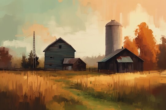 Illustration of a rural landscape with barns and silos.