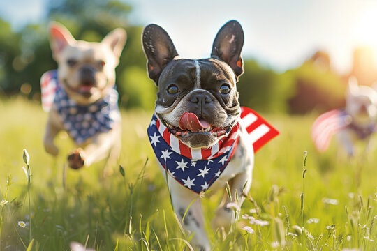 Two dogs running in a field with American flags on their collars. The dogs are happy and enjoying their time together