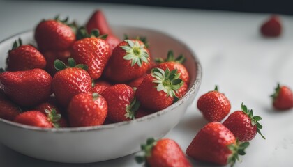 view of fresh strawberries in a bowl on white background