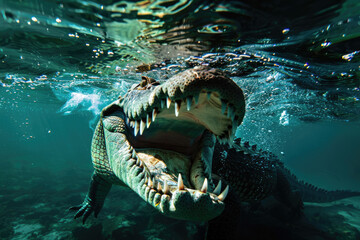 giant scary crocodile with open mouth underwater