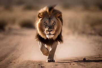 Lion walking towards camera in the Kalahari desert, South Africa.
