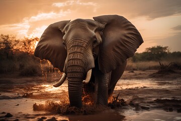African elephant drinking water at sunset, Kruger National Park, South Africa