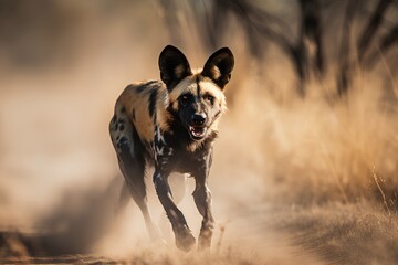 African wild dog running in the sun in Kruger National park, South Africa ; Specie Lycaon pictus family of Canidae - obrazy, fototapety, plakaty