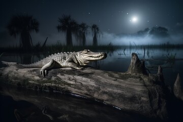 Crocodile in the swamp at night. 3d rendering - obrazy, fototapety, plakaty