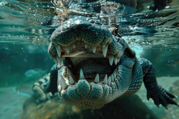 giant scary crocodile with open mouth underwater
