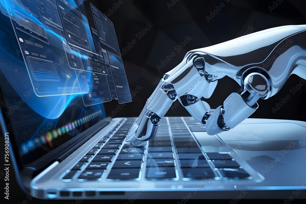 Aufkleber robotic hand typing on laptop keyboard: a glimpse into futuristic automation technology