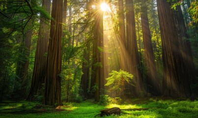 Fototapeta premium A forest of redwood trees, tall, green and plentiful. The morning sun shines down