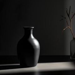 Modern black vase on black background. Minimalistic still life.