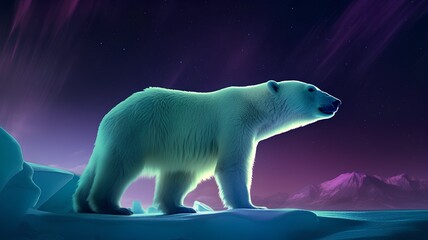 Polar bear on the ice with aurora borealis. 3d render - obrazy, fototapety, plakaty