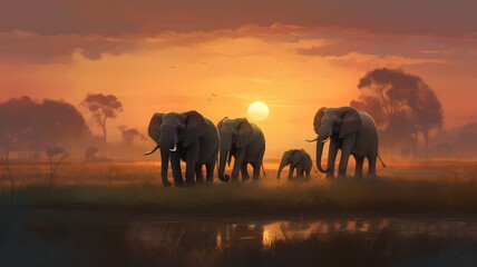 Fototapeta na wymiar Elephants in the savanna at sunset, 3d render