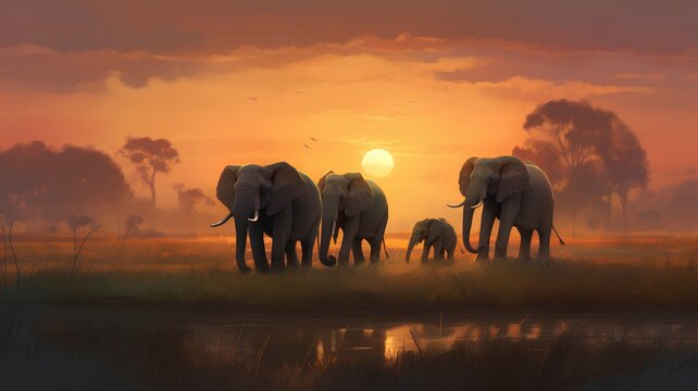 Elephants in the savanna at sunset, 3d render