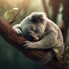 Cute koala sleeping on eucalyptus tree branch