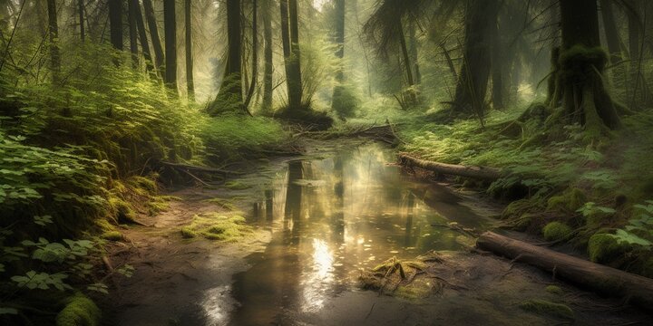 Mysterious redwood forest in a foggy morning. HDR image