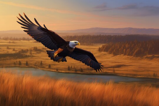 Bald Eagle flying over the meadow at sunset. 3d render