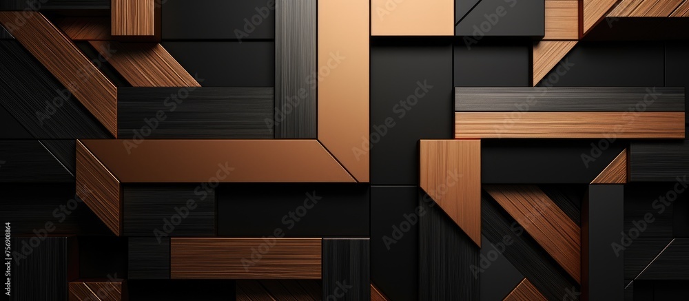 Poster a closeup view of a black and gold geometric patterned wall in a building, adding a touch of eleganc