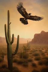 Zelfklevend Fotobehang Eagle flying over a desert landscape with cactuses and saguaro © Ai