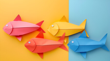 Paper Fish on Color Background, April Fools' Day Prank Concept, Playful Illustration of Fish Made of Paper, Generative AI

 - obrazy, fototapety, plakaty