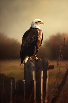 Bald Eagle on a fence in the early morning, 3d render