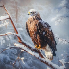 Bald Eagle (Haliaeetus leucocephalus) sitting on a branch in winter forest.