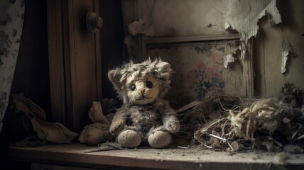Teddy bear sitting on a window sill in an old house. - obrazy, fototapety, plakaty