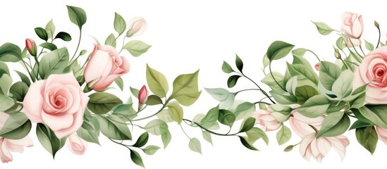 A beautiful row of pink roses with green leaves, showcasing the natural beauty of this flowering...