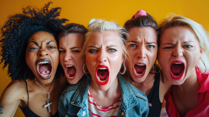 Group of furious angry women yelling looking at the camera - obrazy, fototapety, plakaty