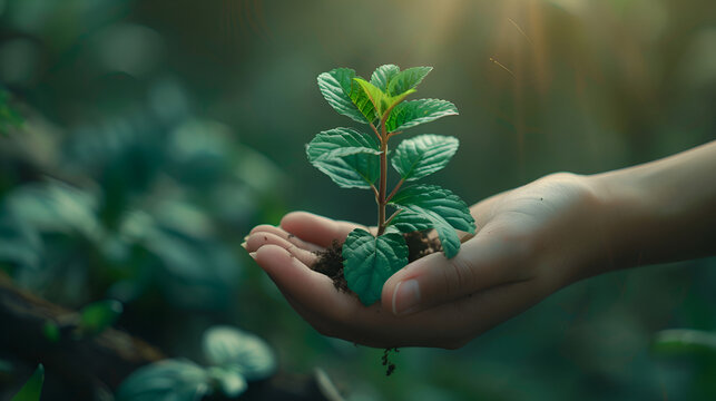 Plant in Hands, Ecology Concept on Nature Background, Sustainable Living and Environmental Conservation, Generative AI

