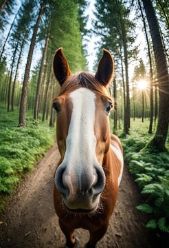 Animal make selfie in forest. Close-up horse in forest take selfie. interaction between wildlife and modern photography trends
