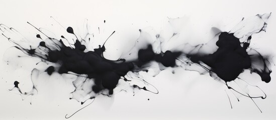 A liquid black ink splash on a white surface resembling a natural landscape, creating an artistic...