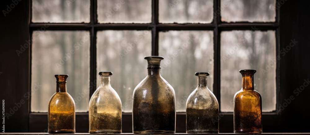 Poster a collection of glass bottles filled with various liquids, placed on a table in front of a window. s