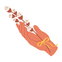 Human hand holds flowering branch of willow tree. Symbol of Easter. Vector flat illustration.