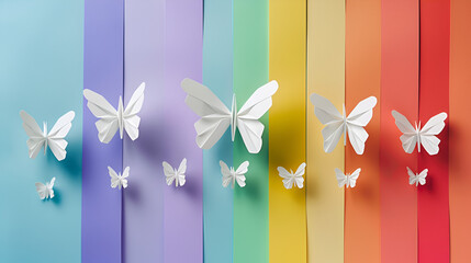 Rainbow Paper Background With White Paper Butterflies, Colorful Origami Butterflies on Vibrant Paper, Creative Craft Art, Beautiful Papercraft Design, Generative Ai

