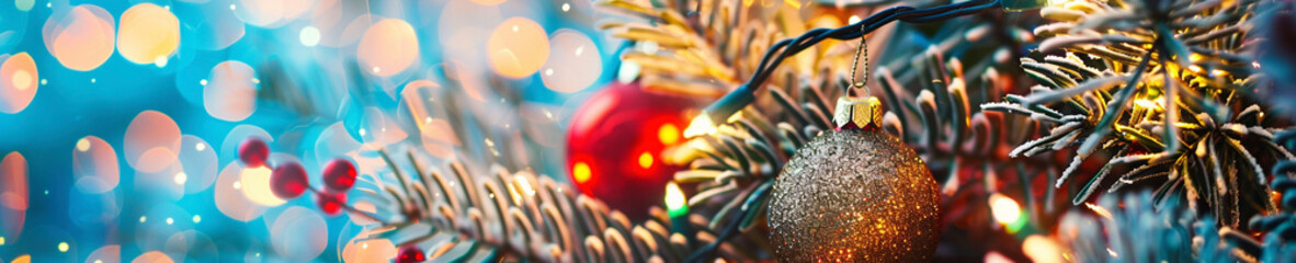 キラキラの電飾のあるクリスマスツリーのバナー　Generative AI - obrazy, fototapety, plakaty