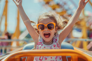 Happy kid having fun at the roller coaster