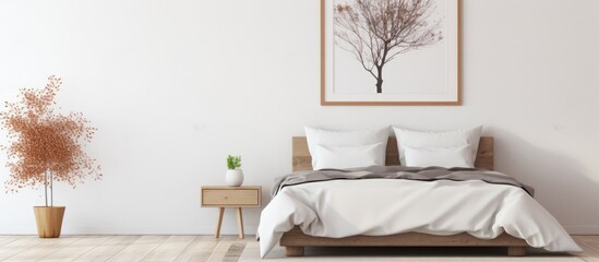 A fixture of a tree is displayed on the wall above the bed, adding a touch of nature to the rooms decor. The wooden decor complements the furniture and flooring in the building - Powered by Adobe
