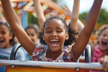 Fototapeta na wymiar Happy kids having fun at the roller coaster