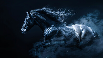 Photorealistic horse in spirited force against a pure black background with otherworldly glow and motion blur effect