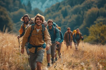 group of hikers in the woods - obrazy, fototapety, plakaty