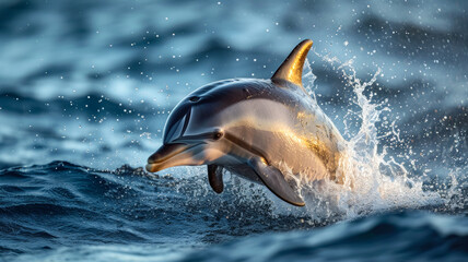 A splash of water explodes from a playful dolphin's leap, freezing the exuberant moment in time, showcasing the dynamic energy and grace of marine life