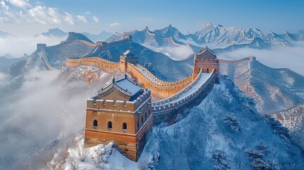 Tranquil scene of a tourist sitting and admiring the snow-covered Great Wall of China, surrounded by a serene, wintry landscape 