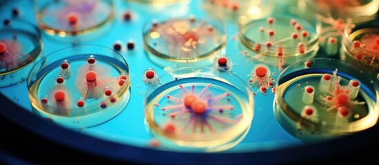 Azure petri dishes filled with various organisms on an electric blue surface, creating a beautiful...