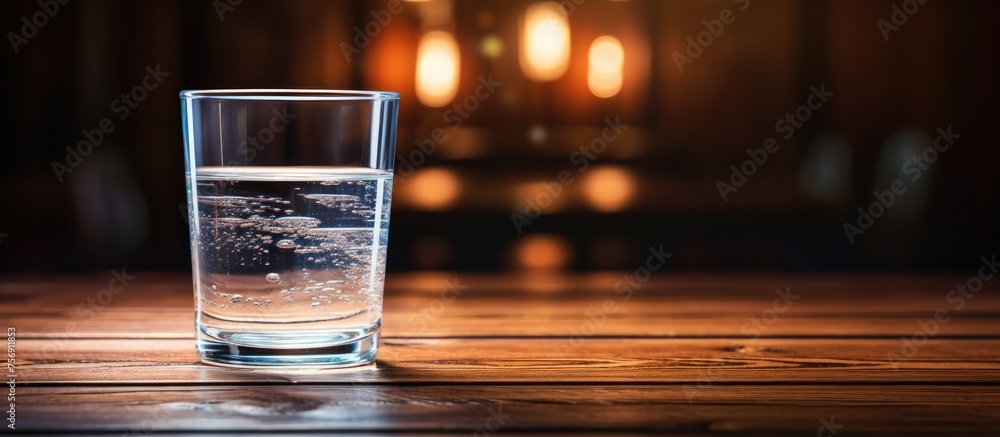 Poster a liquid solution is contained in a highball glass placed on a wooden table, creating a visually app