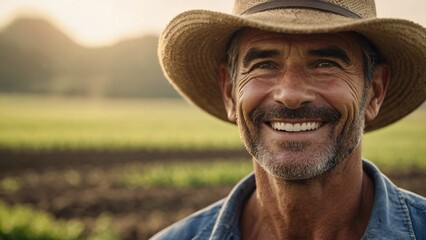 portrait of a cowboy in a field wearing a hat