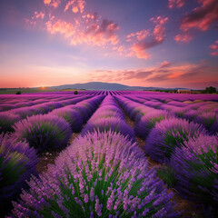 Lavender fields in France during summer, endless purple lavender under the summer sky, bringing the...