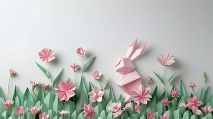 Pink Origami Rabbit Among Flowers, This image would make a unique and eye-catching addition to any design project or social media post, showcasing