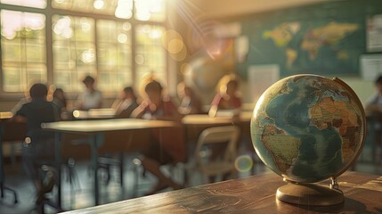 Students from diverse nations unite in a classroom, embracing global views in education against a vast, clear world backdrop.