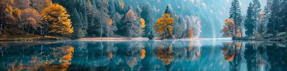 Fotobehang Highlight the beauty of a serene lake reflecting the surrounding trees © Shutter2U