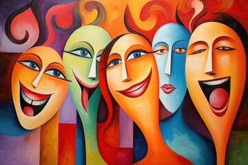 Laughing buddies, group of friends laughing together, their faces filled with joy and mirth. Сreative illustration. A celebration of laughter. April Fools Day  - obrazy, fototapety, plakaty