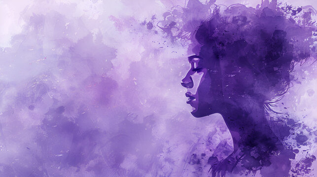 Colorful Watercolor Woman's Profile Portrait Purple Illustration for Design Projects and Creativity Inspiration, Artistic Feminine Silhouette in Painted Style, Generative AI

