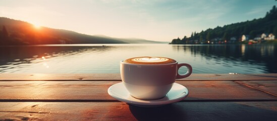 A coffee cup sits on a wooden table by the lake, with the serene water reflecting the sky above. The peaceful scene is complete with the cup of hot drink beside the beautiful view